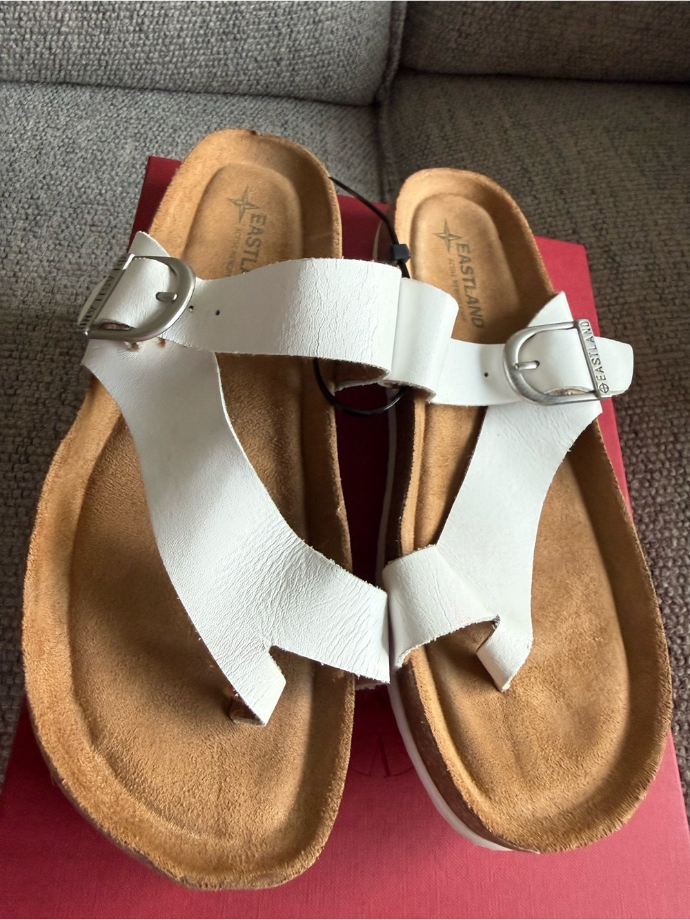 Eastland White Leather Toe-Post Sandals with Buckle Detail